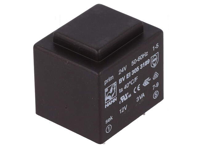 Transformator: ingegoten; 3VA; 24VAC; 12V; 250mA; PCB; BVEI Transformator: ingegoten; 3VA; 24VAC; 12V; 250mA; PCB; BVEI